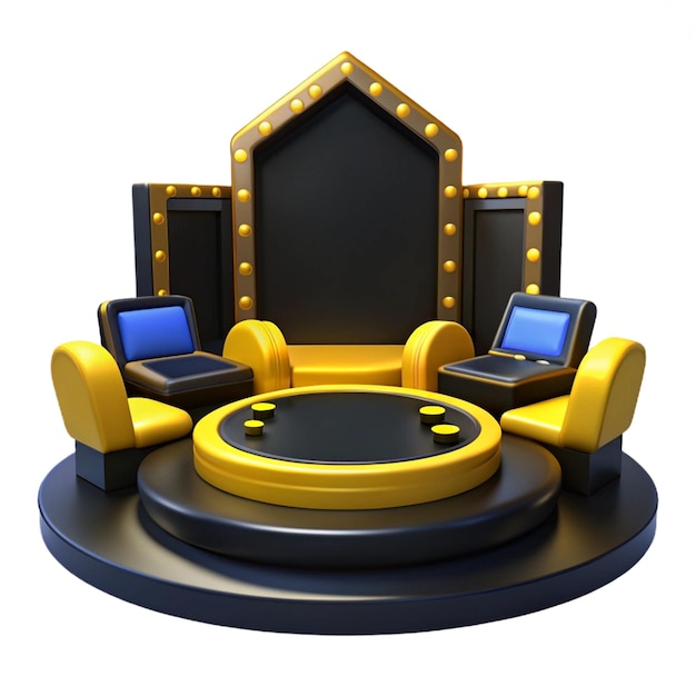 PSD a black and yellow stage with a large round table with chairs and a large screen with a large black