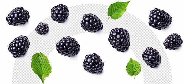 PSD blackberries on a white background with green leaves