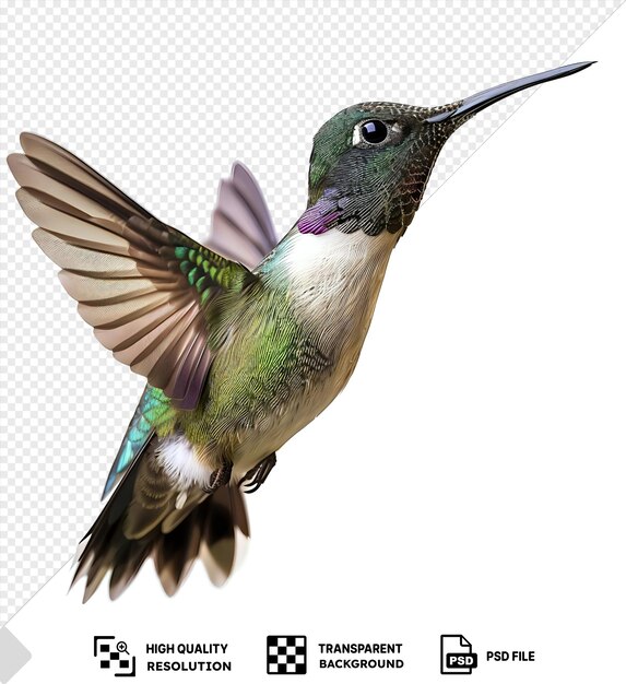 PSD blackchinned hummingbird with long beak green head black eye and brown wing on transparent background