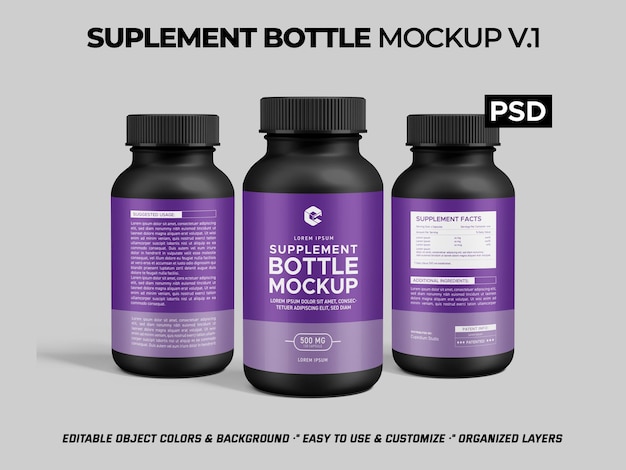 Blank black supplement or vitamin jar bottle Mockup Small Medium Big size bottle packaging design