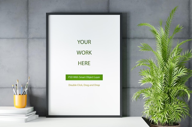 PSD blank empty picture frame mockup on gray cement wall for a poster modern living room design 3d illustrations