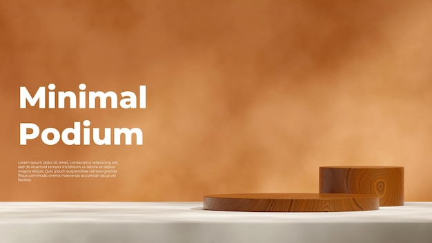 blank mockup brown round wood podium in landscape orange wall and white floor 3d image render