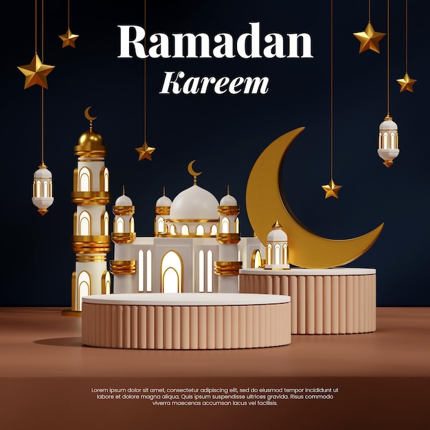 blank mockup white brown podium in square moon, stars, lamp, and mosque ramadan, 3d render image