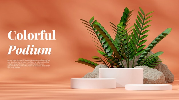 Blank mockup of white cylinder podium in landscape green zamia, rocks, and orange wall 3D render