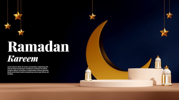 blank mockup white cylinder podium in landscape lamp, moon, and stars ramadan kareem, rendering 3d