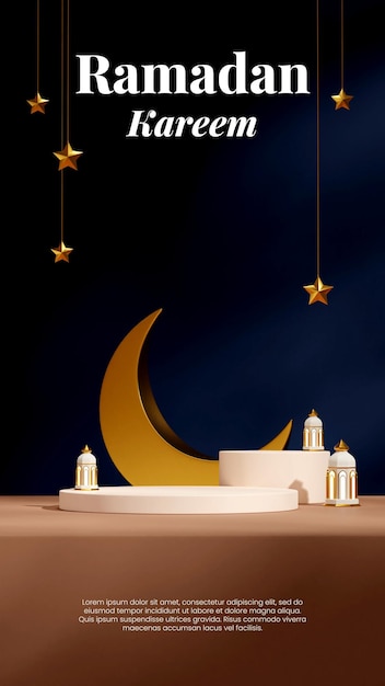 blank mockup white cylinder podium in portrait lamp, moon, and stars ramadan kareem, rendering 3d