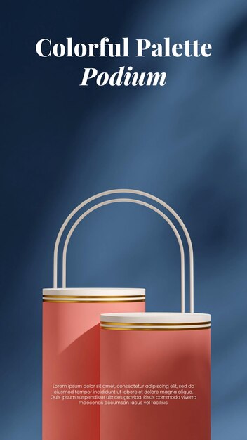 PSD blank mockup white gold and pink cylinder podium in portrait blue wall 3d image render