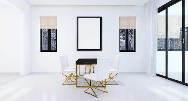 Blank photo frame mockup in minimal dining room interior design with dining table, chairs, window