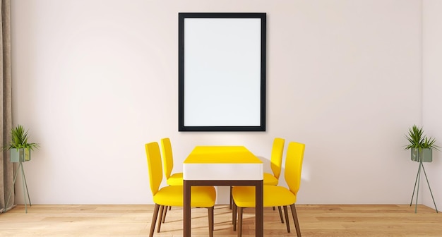 Blank photo frame mockup in minimal living room interior design with dining table, yellow chairs