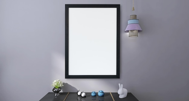 Blank photo frame mockup in modern living room interior design with media unit, grey background