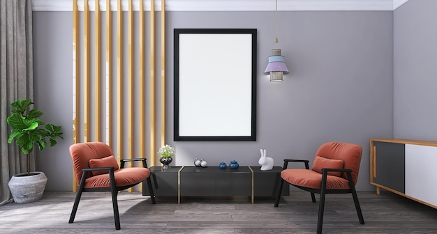 Blank photo frame mockup in modern living room interior design with sofa, media unit, grey wall