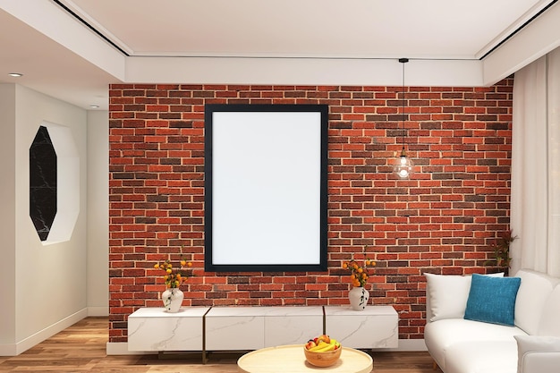 Blank photo frame mockup in modern living room interior design with sofa, red bricks texture wall