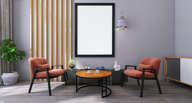 Blank photo frame mockup in modern living room interior design with sofa, table, grey wall