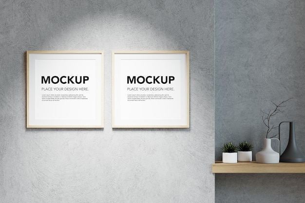 Blank photo frames mockup on concrete wall