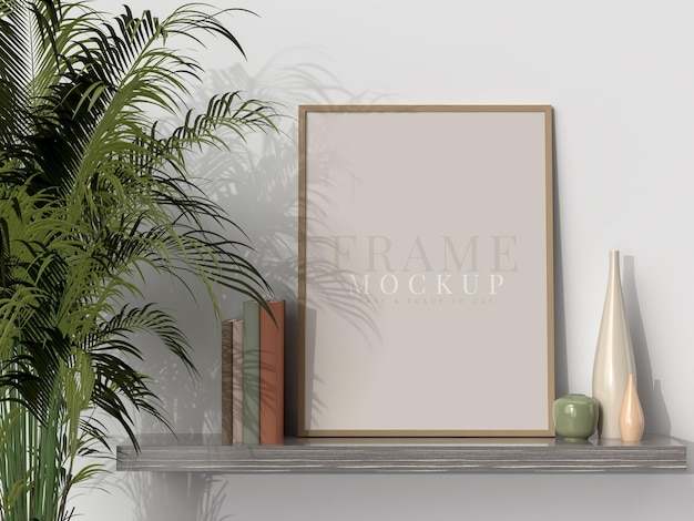 Blank picture frame for photographs art graphics with Leaves Frame poster mockup template on the wall in home interior 3D rendering