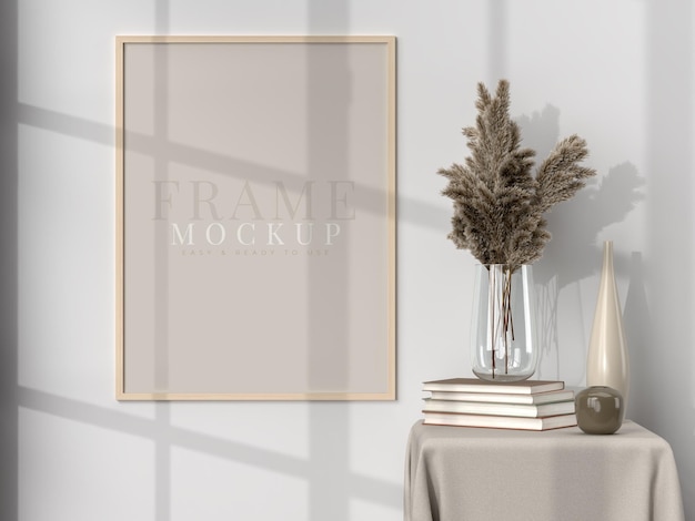 Blank picture frame for photographs art graphics with Leaves Frame poster mockup template on the wall in home interior 3D rendering