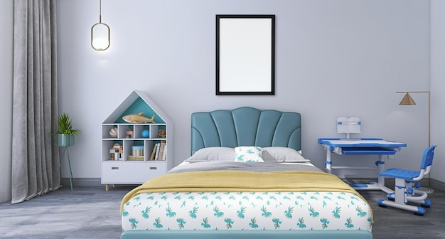 Blank poster frame mockup in modern kids room interior design with bed, study table, white wall