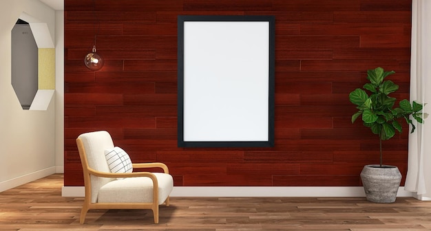 Blank poster frame mockup in modern living room interior design scene with sofa wooden background