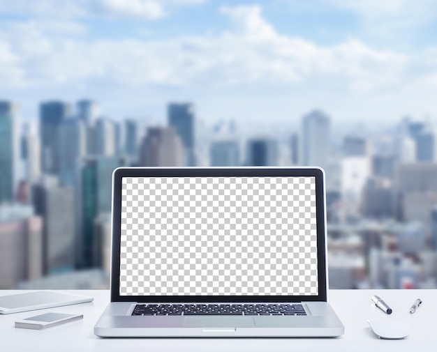 Blank screen laptop computer on wooden table with cityscape background