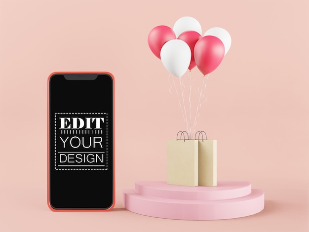 Blank screen smart phone mockup with shopping bags and balloons