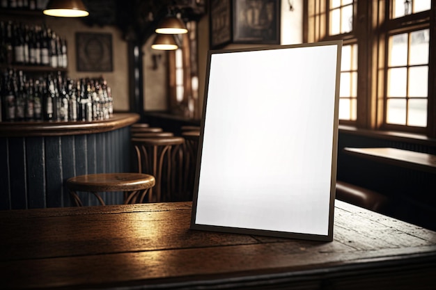 A blank sign on a wooden table in a bar