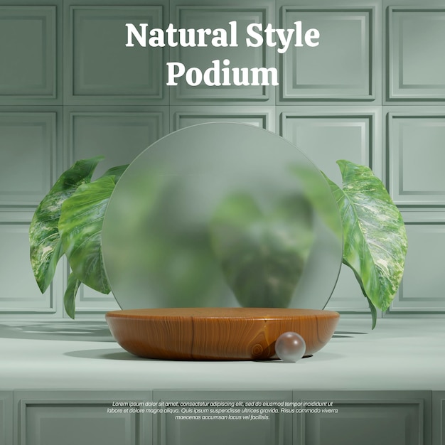 blank space wood textured podium in square circle frosted glass alocasia plant 3d image render