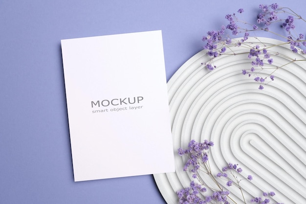 Blank wedding invitation card mockup with dry gypsophila flowers