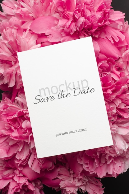 Blank wedding invitation card mockup with pink peony flowers