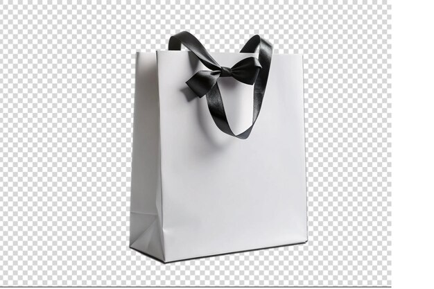 PSD blank white paper gift bag with black silk handle mockup png