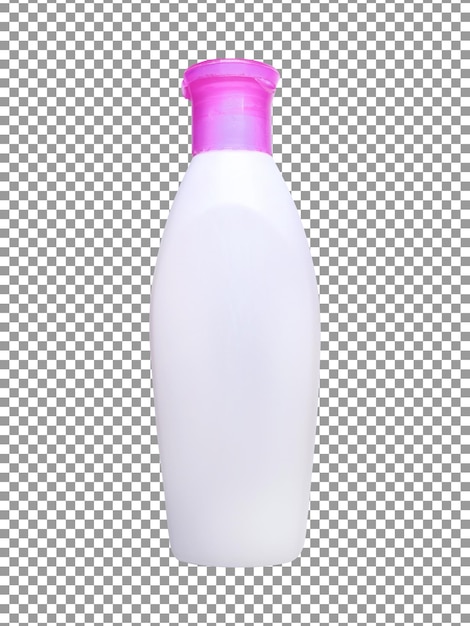 Blank white shampoo bottle with a pink cap on transparent background