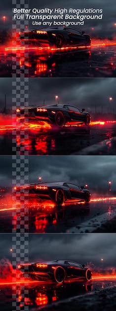 PSD blazing velocity sports car with wheels aflame in hyperdrive on transparent background