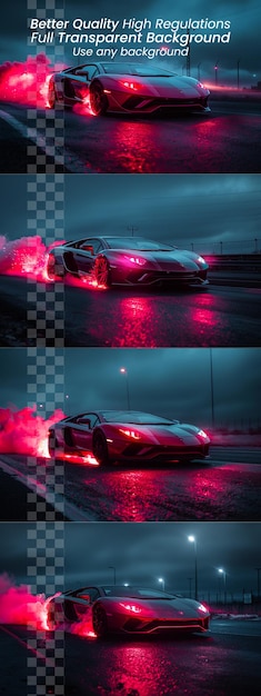 PSD blazing velocity sports car with wheels aflame in hyperdrive on transparent background