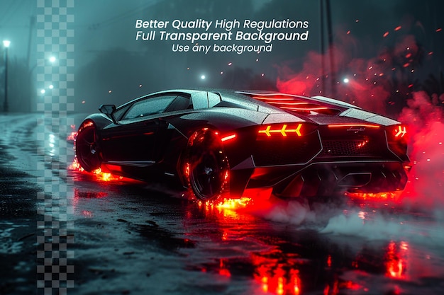 PSD blazing velocity sports car with wheels aflame in hyperdrive on transparent background