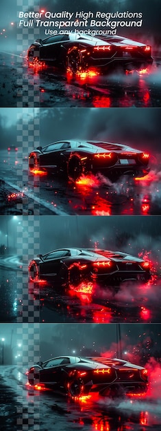 PSD blazing velocity sports car with wheels aflame in hyperdrive on transparent background