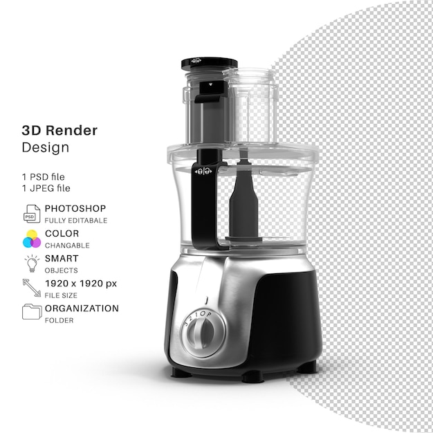 A blender with a picture of a kitchen appliance that says 3d render design.