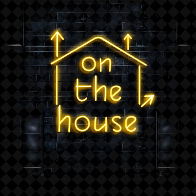 PSD blinking neon lights of on the house text with neon mustard png y2k decorative sale post designs