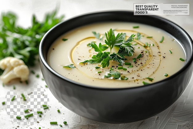 PSD blomklssuppe danish cauliflower soup garnished with on transparent background