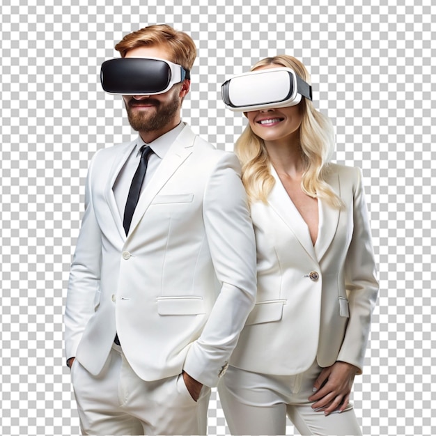 PSD blond man and woman in white suite with virtual 0n transparent background