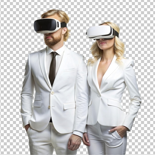 PSD blond man and woman in white suite with virtual 0n transparent background