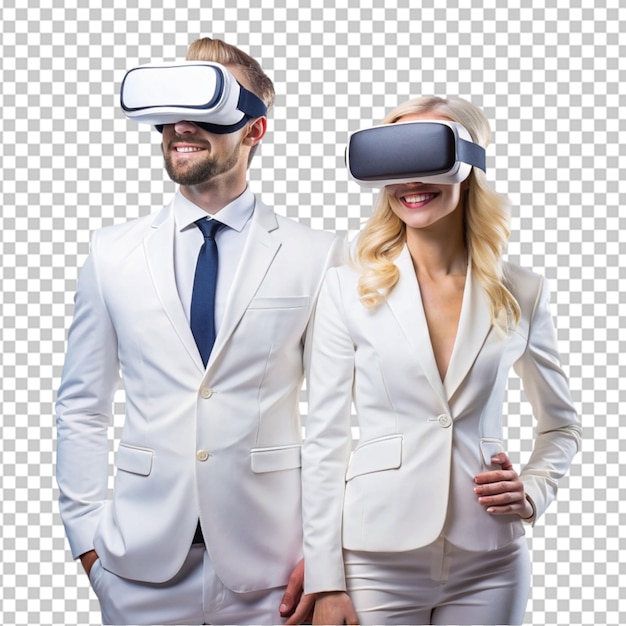 blond man and woman in white suite with virtual 0n transparent background