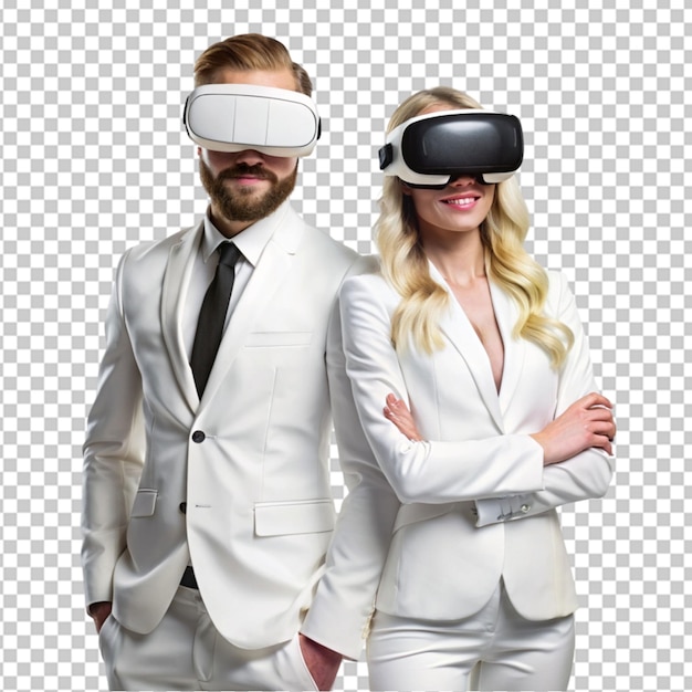 PSD blond man and woman in white suite with virtual 0n transparent background