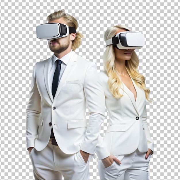 PSD blond man and woman in white suite with virtual 0n transparent background