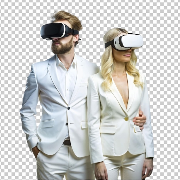 PSD blond man and woman in white suite with virtual 0n transparent background