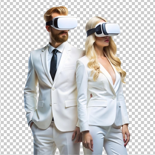 blond man and woman in white suite with virtual 0n transparent background