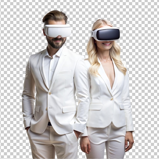 blond man and woman in white suite with virtual 0n transparent background