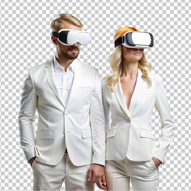 blond man and woman in white suite with virtual 0n transparent background