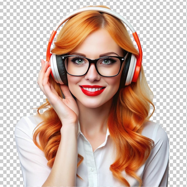 PSD blond woman with red hair wearing headphones and glasses on transparent background