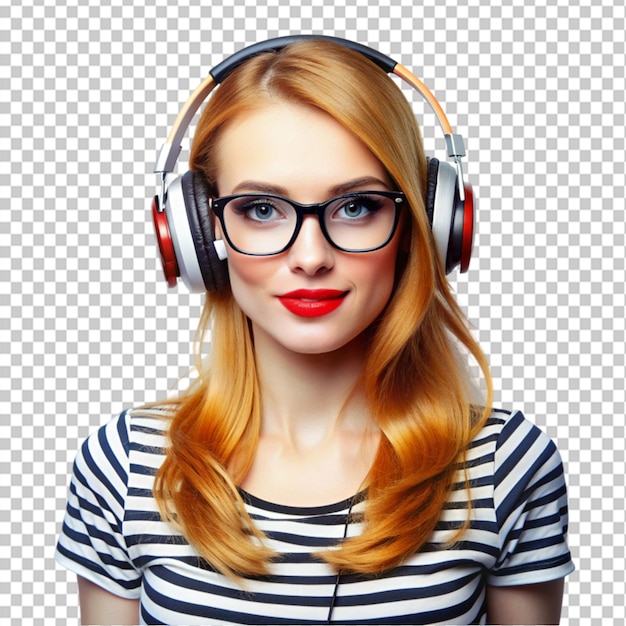 PSD blond woman with red hair wearing headphones and glasses on transparent background