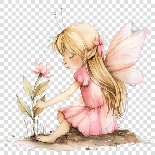 PSD blonde fairy planting a flower in pink clothes watercolor nurseryon transparent background