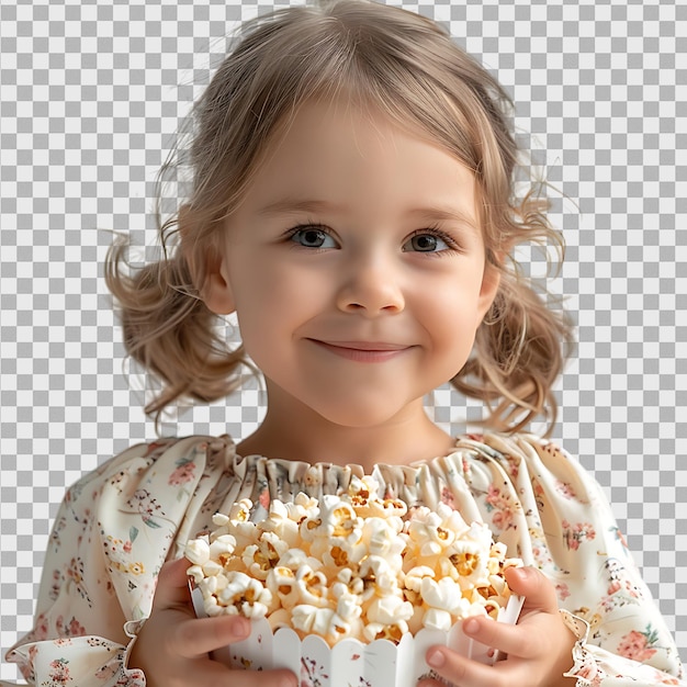 blonde girl holding bucket of popcorn on isolated transparent background